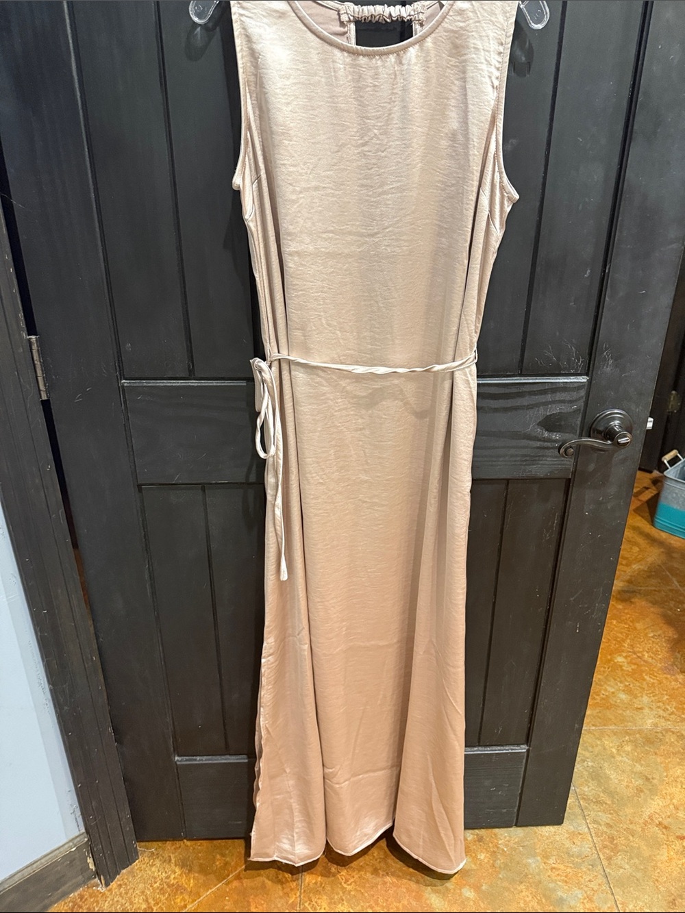 easel Sleeveless Maxi Dress in Taupe with Waist Tie